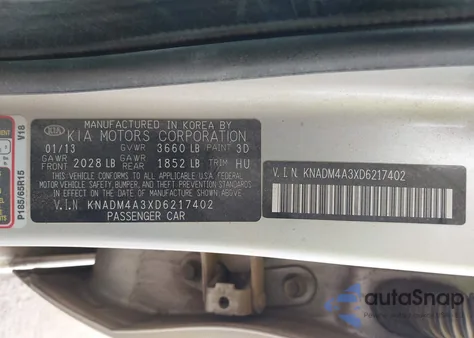 2013 Kia Rio Lx z USA, uszkodzony, nr VIN KNADM4A3XD6217402